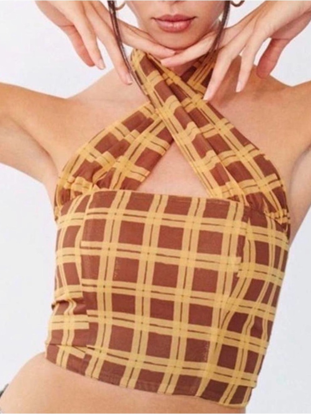 With Jean Brown & Mustard Plaid Crisscross Halter Crop Top